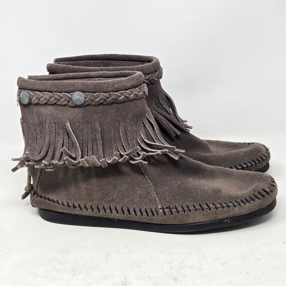 Minnetonka Hi Top Back Zip Moccasin Boots Brown Gray Suede‎ Fringe Concho Size 7